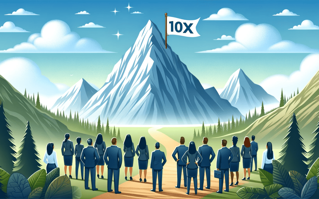 Horizontal vector illustration of diverse business professionals at a mountain's base, looking up at a towering peak with a '10x' flag, symbolizing ambitious goals. A clear, bright sky and a path up the mountain represent optimism and the journey to success with the 10x mindset.