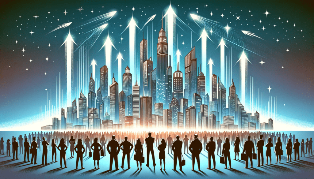 Horizontal vector illustration of a futuristic city skyline with towering buildings representing exponential growth. In the foreground, a diverse group of people gaze upwards with inspiration and determination, symbolizing the 10x mindset in business and personal growth. The city glows with innovation and success.