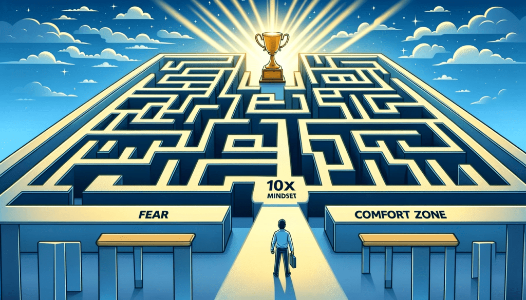 Horizontal vector illustration depicting a person standing before a large, complex maze extending horizontally. The maze walls are labeled with words like 'fear', 'doubt', and 'comfort zone'. Above the maze, a clear, unobstructed path labeled '10x mindset' leads directly to a shining trophy, symbolizing success and the overcoming of obstacles through ambitious thinking.