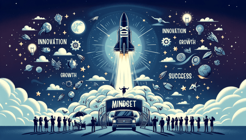 Horizontal vector image of a rocket labeled '10x Mindset' launching towards the stars from a launchpad, leaving a trail of words like 'innovation', 'growth', and 'success'. Surrounding the launchpad, a diverse group of people watch in awe and cheer, symbolizing the support and encouragement needed for taking massive action towards ambitious goals in business and life.