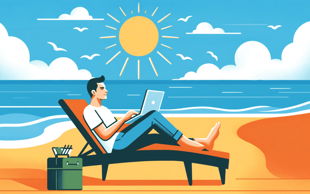 A relaxed individual sits comfortably on a sandy beach, working on a laptop with the ocean in the background, illustrating the concept of freedom and flexibility as described in the '4 Hour Work Week' summary.