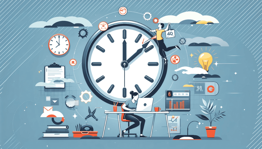 A person efficiently manages a variety of tasks at a desk, with a large clock looming in the background, symbolizing effective time management and productivity inspired by the '4 Hour Work Week' summary.
