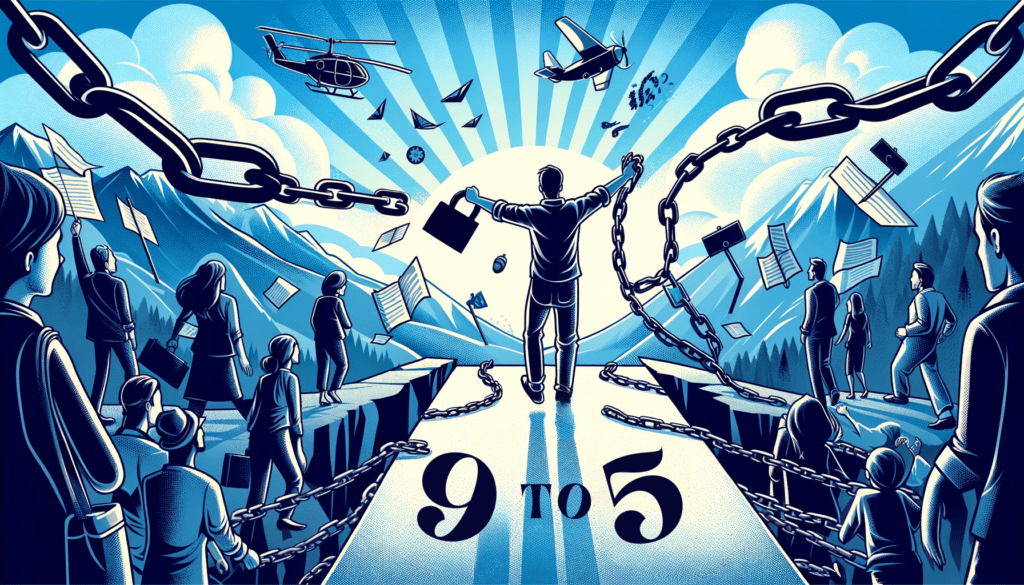 A person breaking chains labeled '9-to-5', symbolizing liberation from the traditional work structure, as they step forward into a vibrant world filled with diverse opportunities and adventures, inspired by the '4 Hour Work Week' summary.