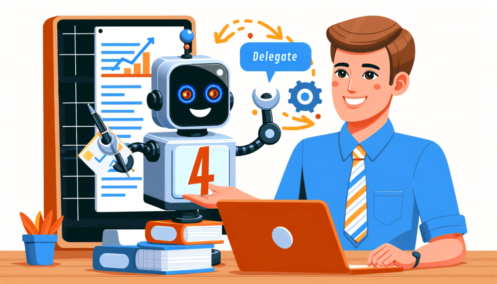 A smiling entrepreneur is assisted by a friendly virtual assistant robot, symbolizing the effective use of outsourcing and delegation in enhancing productivity, as inspired by the '4 Hour Work Week' summary.