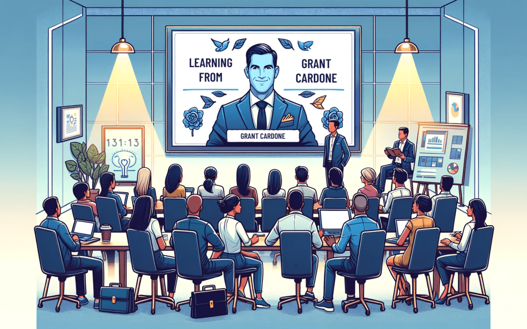 Featuring a diverse group of people in a conference room, engaged in learning from Grant Cardone's quotes displayed on a large screen. This image reflects a collective pursuit of growth and inspiration.