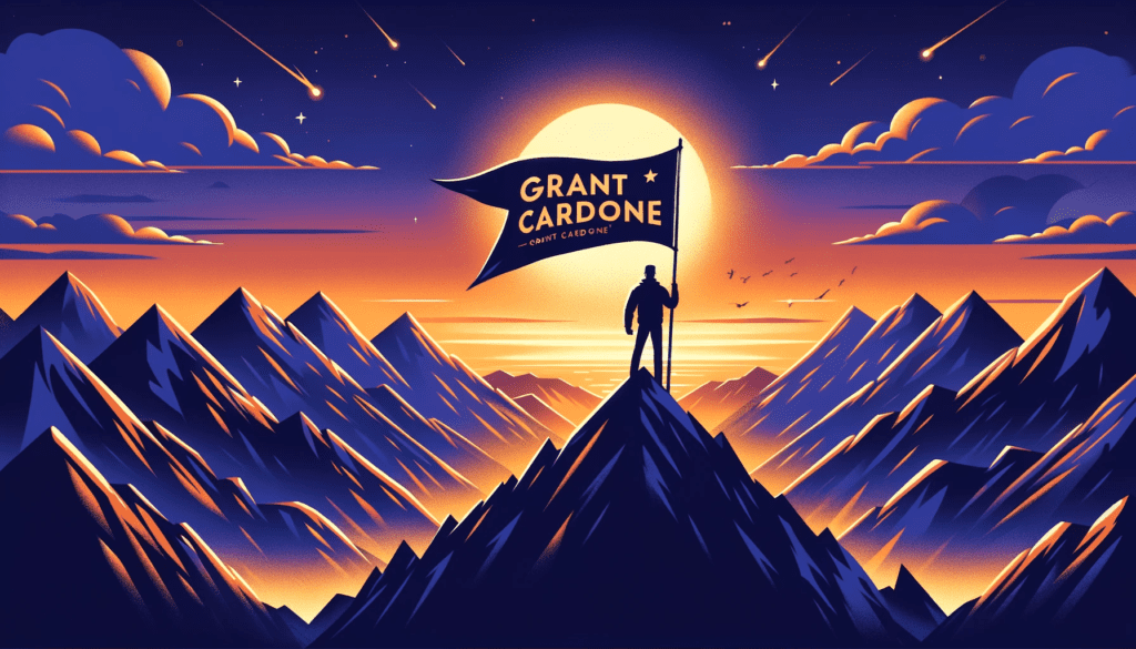 Illustrating a person on a mountain peak holding a flag with a Grant Cardone quote. The sunrise backdrop symbolizes new beginnings and the realization of lofty goals, inspired by Cardone's teachings.