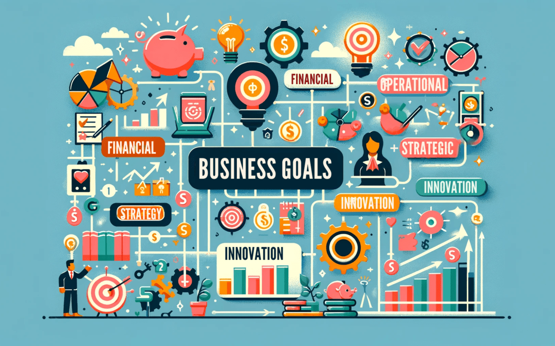 Colorful infographic titled 'Types of Business Goals', featuring icons like a piggy bank, gear, target, smiling customer, and light bulb for different business goal categories.