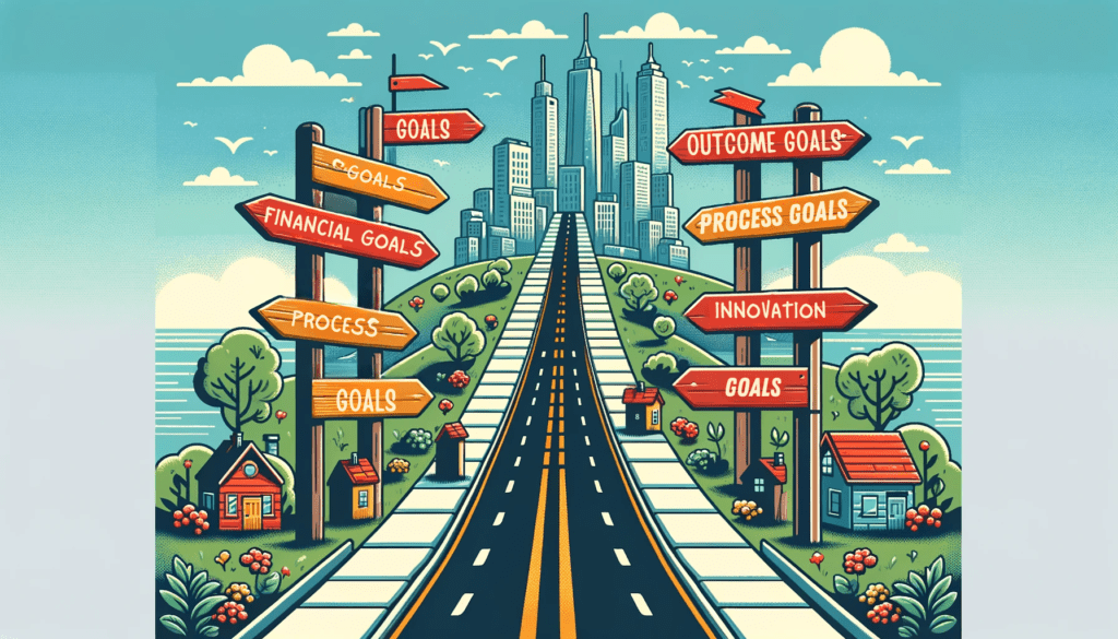 Vector illustration of a roadmap with labeled signposts for various business goals, leading to a city skyline, symbolizing goal achievement and progress.