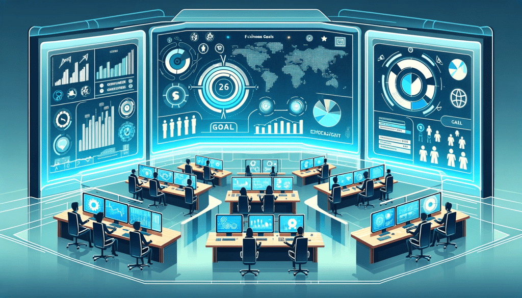 Futuristic control room with professionals interacting with screens displaying business goals, including financial graphs, market share pie charts, employee avatars, and a world map.