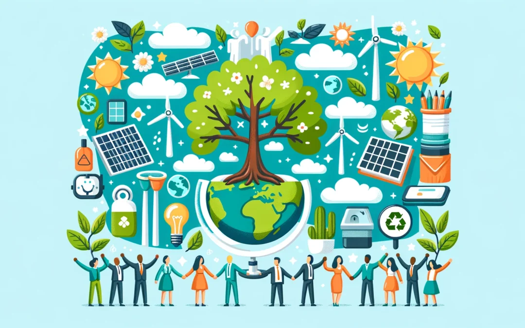 A vibrant, cartoony image depicting a diverse group of people holding hands beneath a flourishing tree that emerges from a stylized globe. The globe is surrounded by symbols of sustainability, including solar panels, wind turbines, and recycling icons, representing a collaborative effort for environmental stewardship in business.