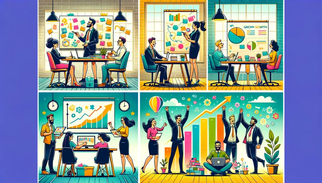 a collage of cartoon images that visually represent different aspects of the business growth consulting process, capturing the essence of teamwork, strategy, success, and celebration.