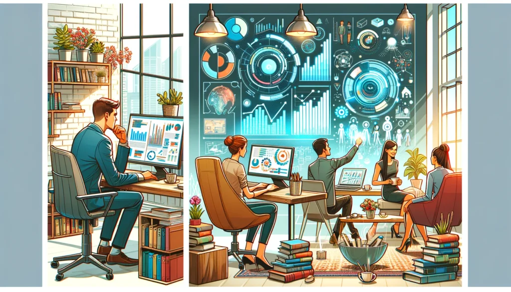 A cartoon image showing a consultant deeply focused on analyzing complex charts on a computer screen. The scene is set in a cozy office environment, surrounded by books on business strategy and growth, symbolizing the consultant's dedication to understanding and applying business growth principles.