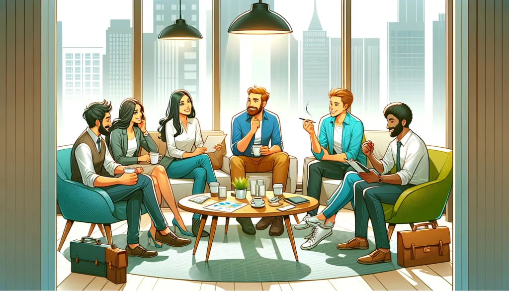a diverse team discussing ideas over coffee in a relaxed yet productive meeting environment. The background showcases a bright and modern office, emphasizing a collaborative and inclusive atmosphere conducive to creative problem-solving.