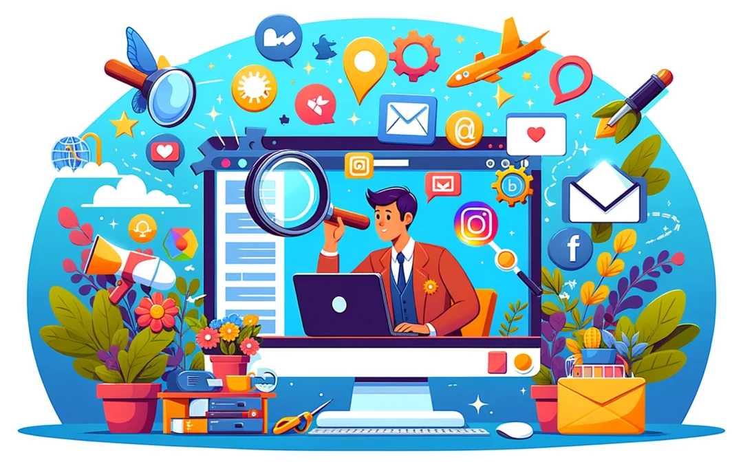 a small business owner using digital platforms to reach a wide audience, surrounded by digital marketing tools icons.