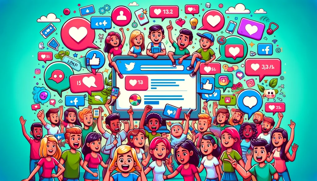 Shows a variety of characters engaging with a brand on social media platforms, highlighting the vibrant community marketing helps to build.