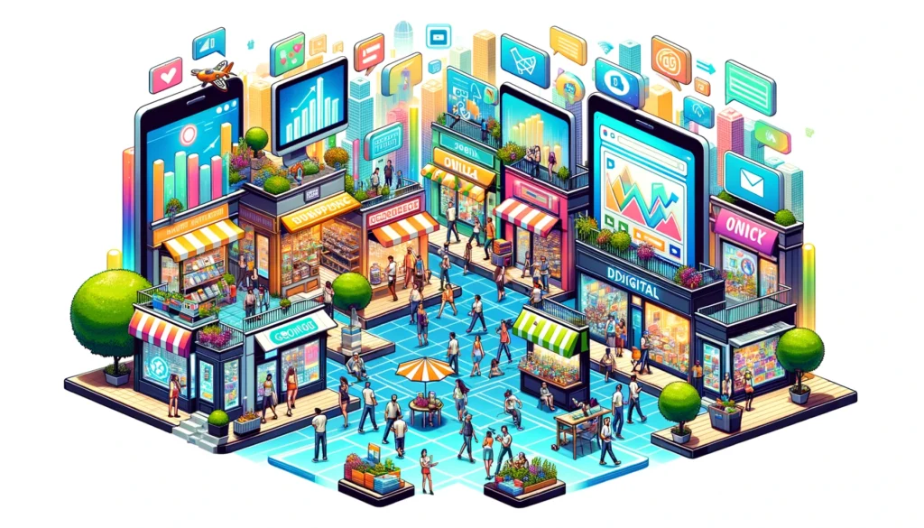 a bustling digital marketplace with various digital storefronts, emphasizing the potential for business expansion online.