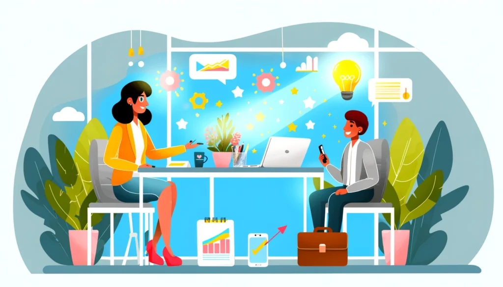 vibrant cartoon vector illustration, showcasing a dynamic business coaching session between a coach and a small business owner.