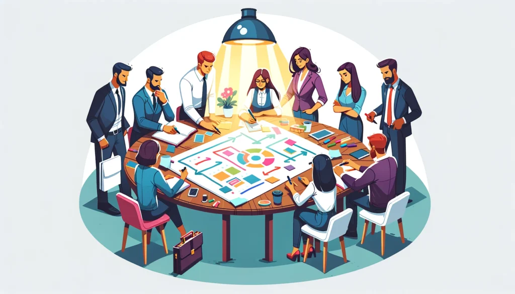 Diverse business owners brainstorming around a round table, plotting goals with colorful markers under a bright spotlight, showcasing teamwork and determination.