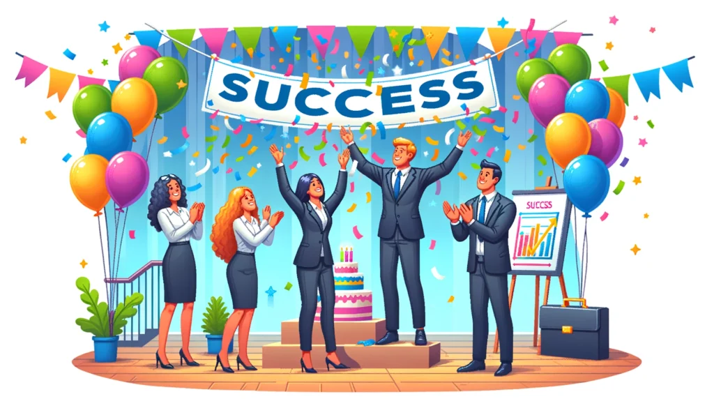 Business coach and clients celebrating significant milestones with colorful confetti, balloons, and a 'Success' banner in a festive room.