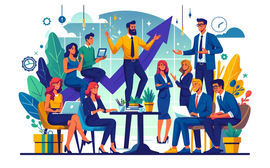 Cartoony vector illustration capturing the essence of business coaching, with a diverse group of business owners and a coach in a vibrant, collaborative setting, symbolizing growth and success.