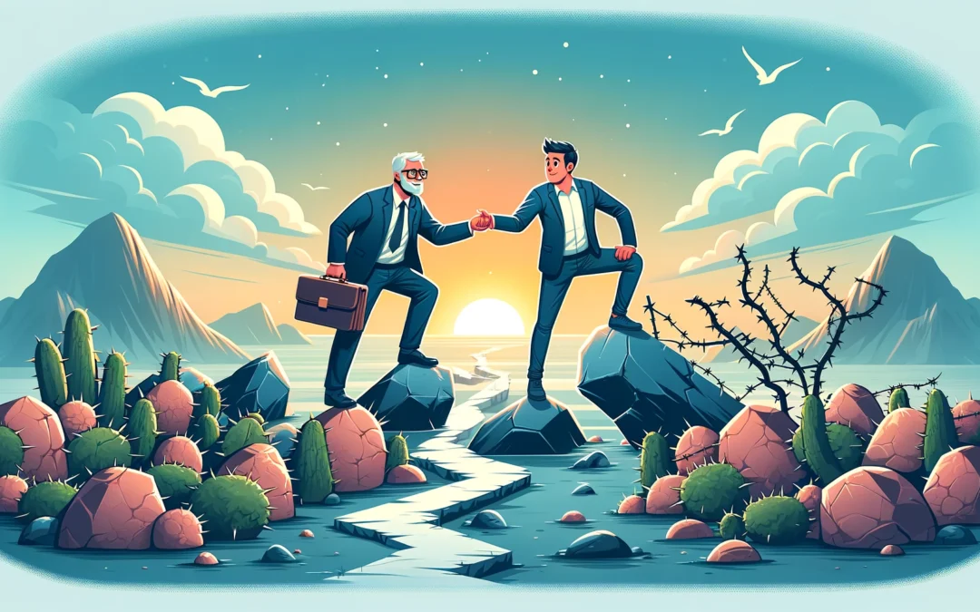Cartoon vector illustration of a small business coach helping an entrepreneur overcome obstacles on a metaphorical path, symbolizing guidance and support, against an inspiring sunrise background.