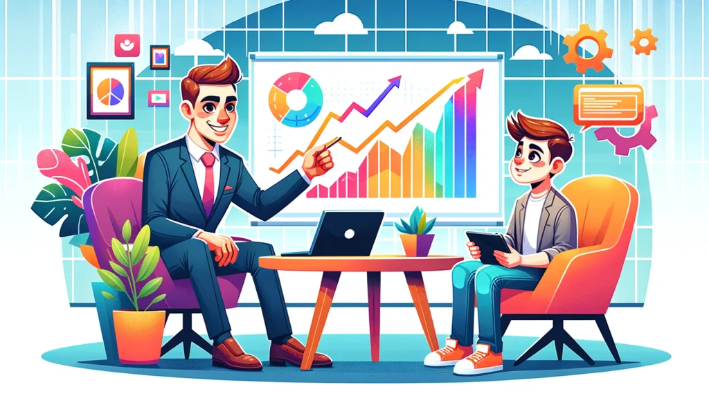 Cartoon vector illustration of a business coaching session, with a coach pointing at a growth chart and a small business owner taking notes, in a colorful office.