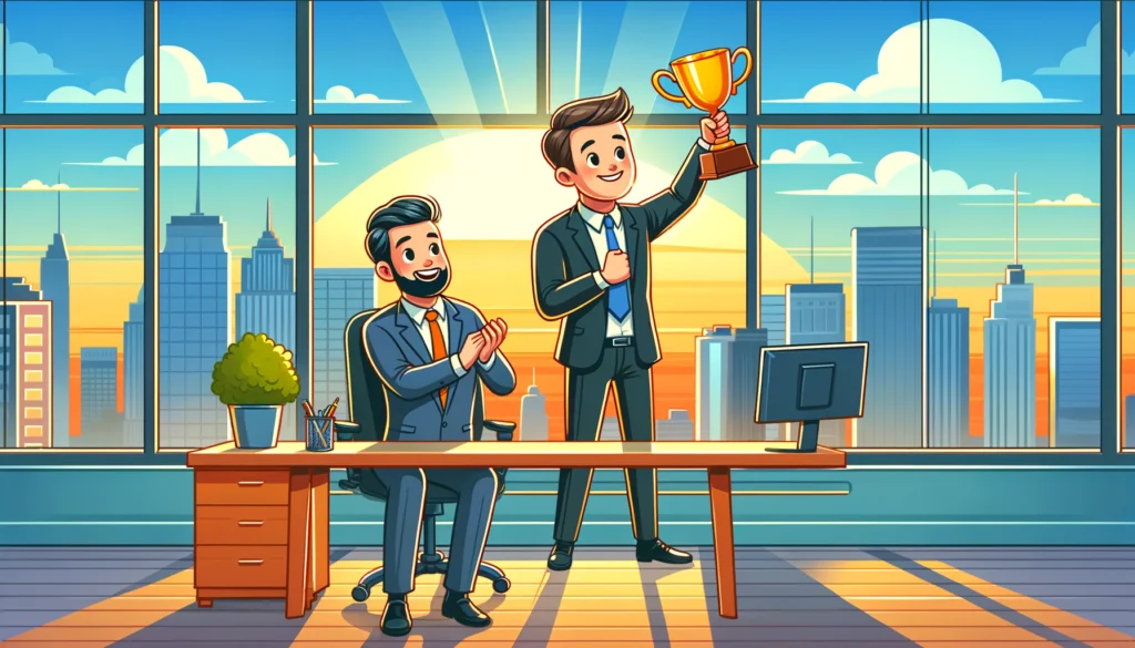 Cartoon vector illustration of a business coach and client celebrating with a trophy in an office, cityscape at sunset in the background, conveying accomplishment and joy.