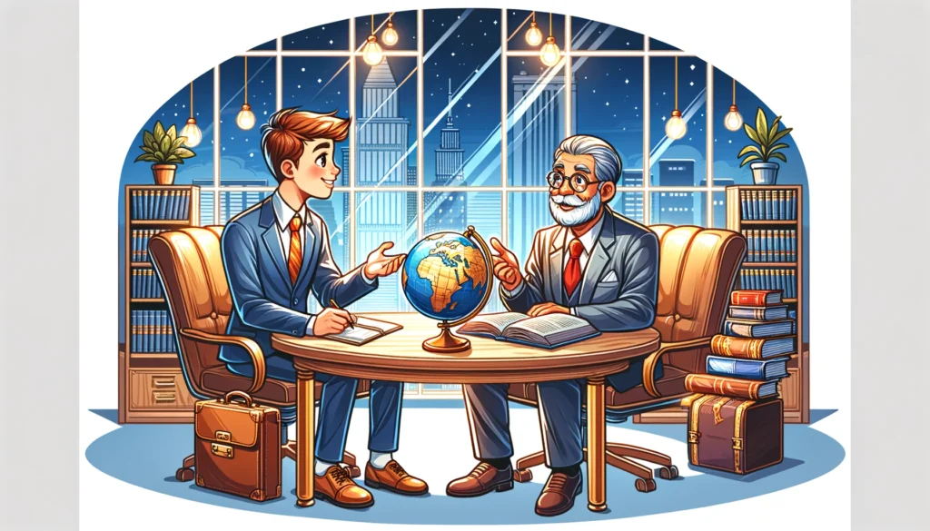 Cartoon vector scene in an elegant boardroom where a seasoned business owner receives guidance from the best business coach, featuring global and strategic planning symbols.