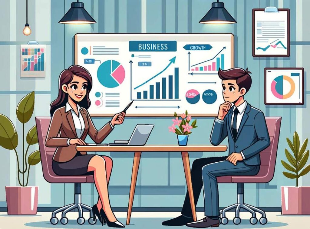 A business coach and a client discussing strategies at a table in a modern office setting with a whiteboard showing growth charts.