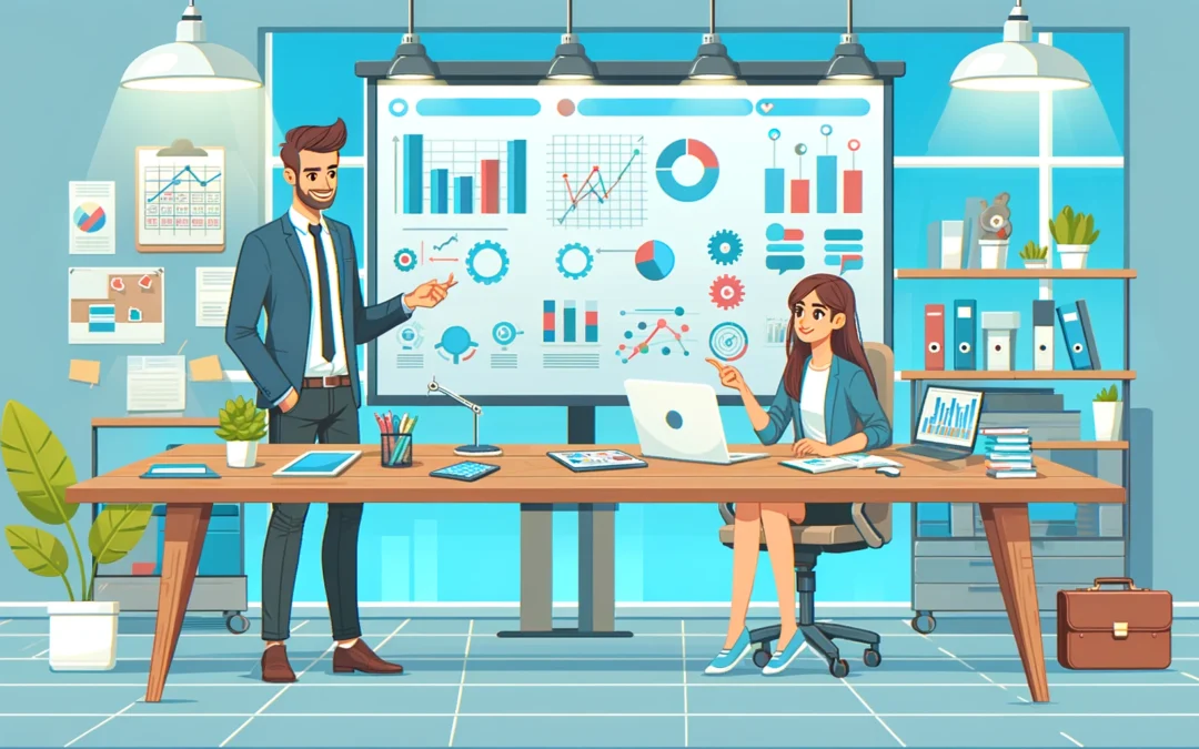 Cartoony vector illustration of a business coach and a business owner discussing strategies over a desk in a modern office.