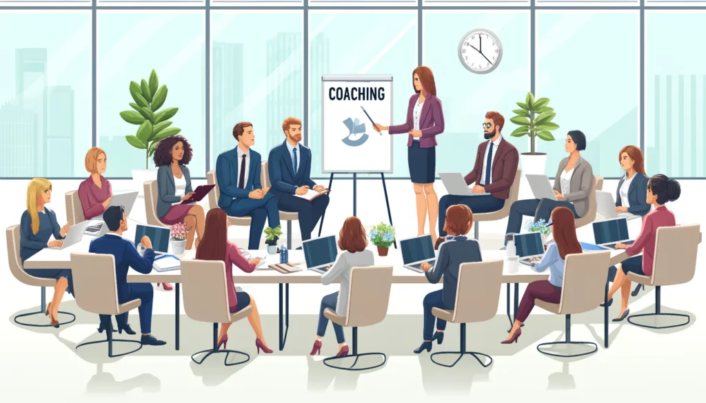 Cartoony vector illustration of diverse business people in a coaching workshop, using laptops in a conference room.