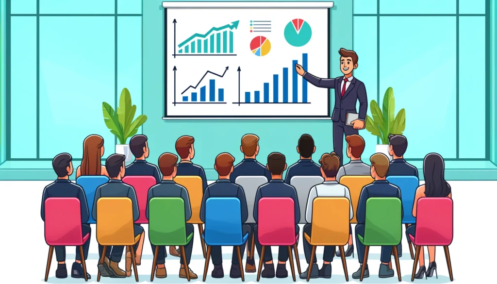 Cartoony vector illustration of a business coach presenting growth charts to small business owners in a seminar setting.