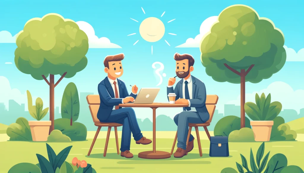 Cartoony vector illustration of a relaxed business coaching session outdoors, with a business coach and client using laptops at a park table, surrounded by greenery.