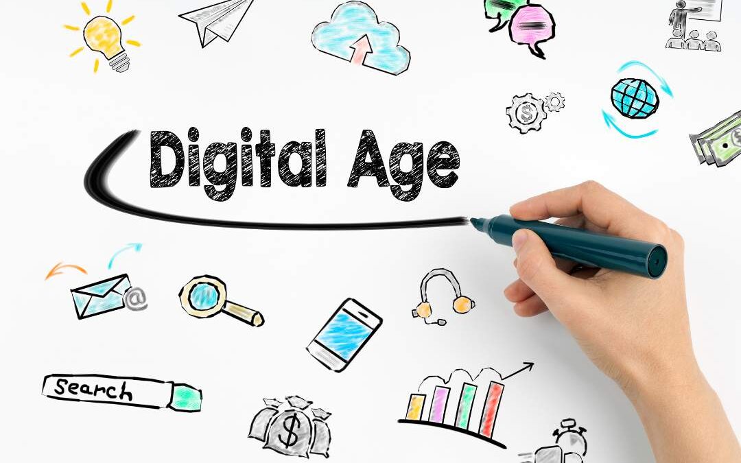 An illustration of icons with a hand writing the word "Digital Age".